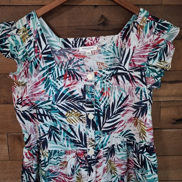 BEACHLUNCHLOUNGE Flutter Sleeven Linen Blend Button Front Floral Dress SZ L - Picture 2 of 8